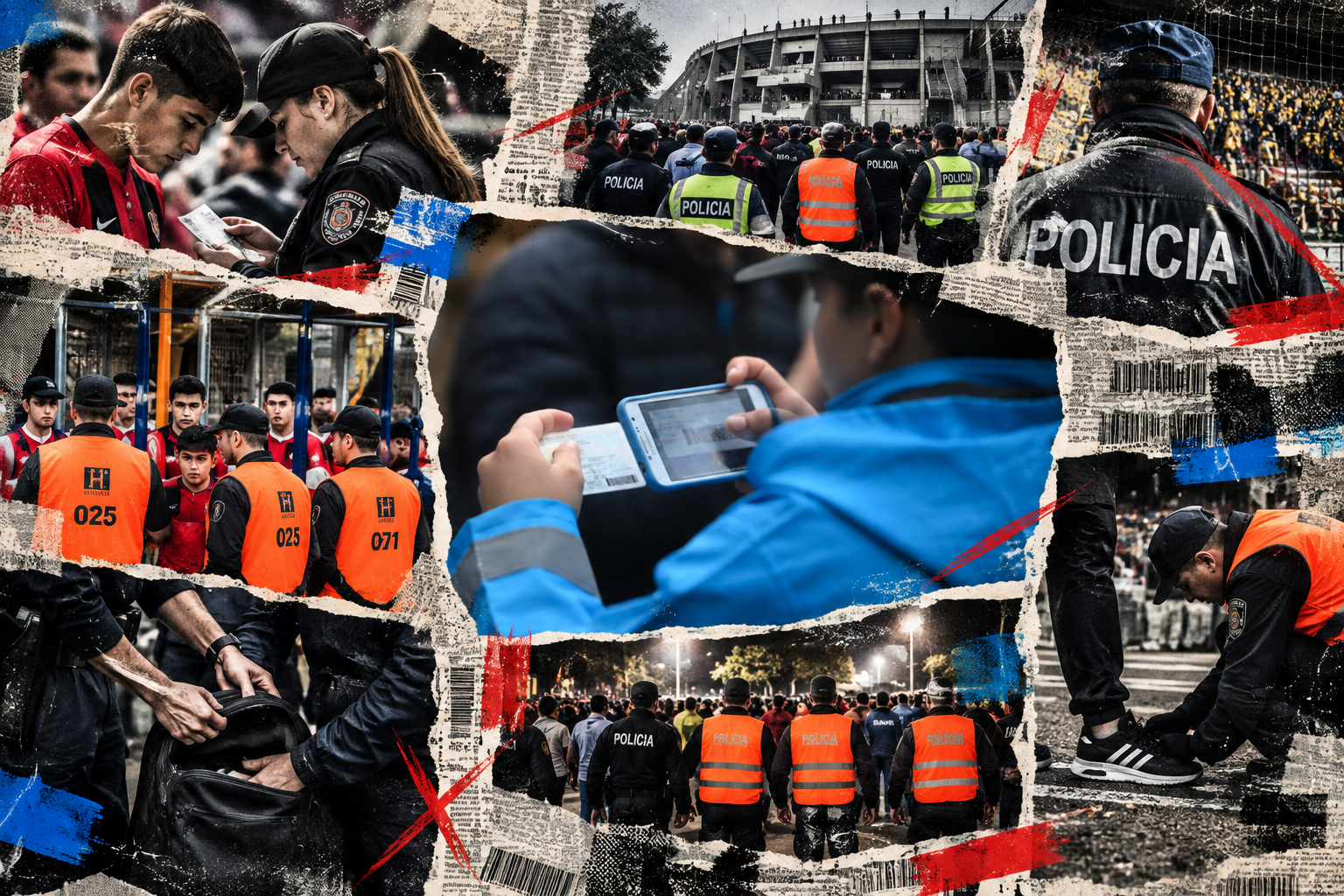 Collage: controles de DNI, cacheos y operativos policiales en accesos a estadios